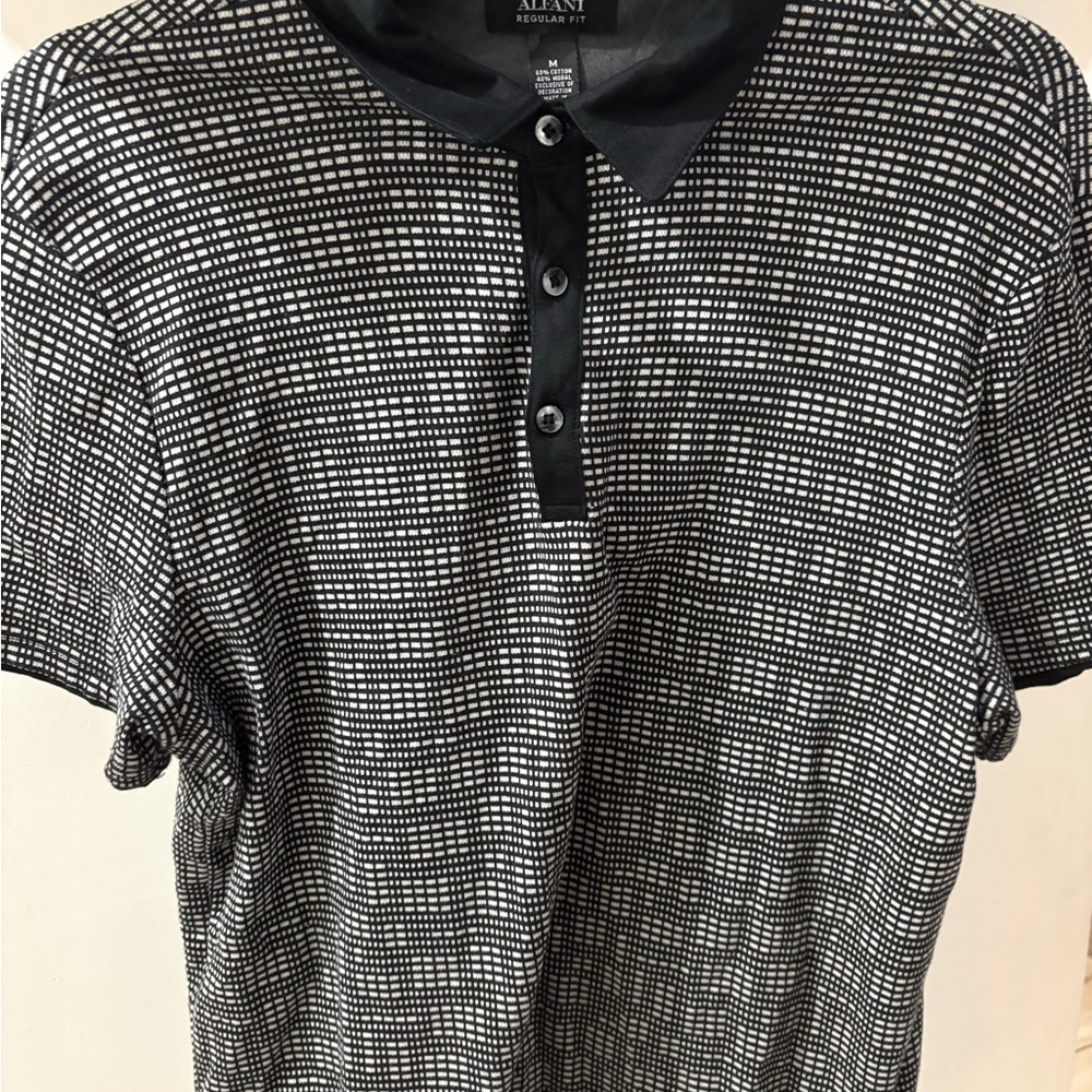 Alfani Regular Fit Black & White Checkered Polo Shirt Business Casual
